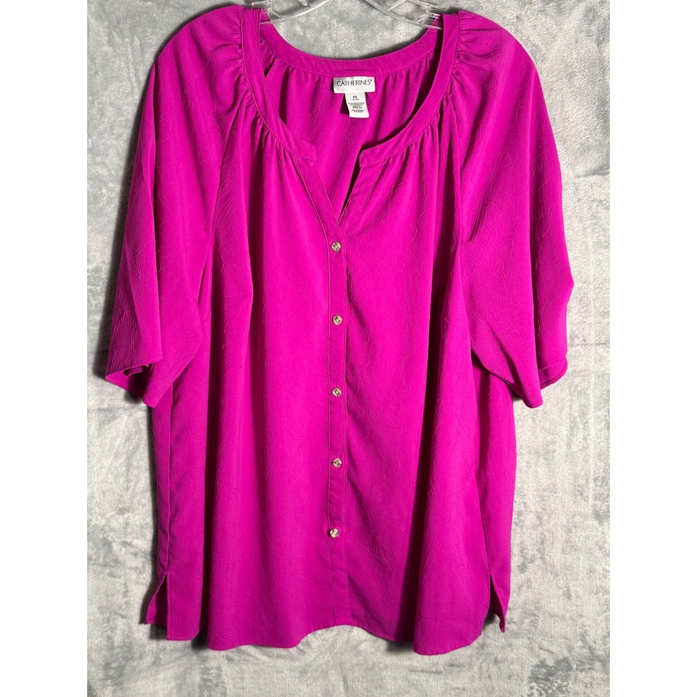 Catherines Magenta Pink Floral Jacquard Blouse Womens 0X 14/16W Short Sleeve Top